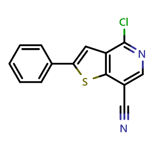 Chemical structure of 4-chloro-2-phenylthieno[3,2-c]pyridine-7-carbonitrile , CAS 1361197-82-1, AChemBlock Q69215