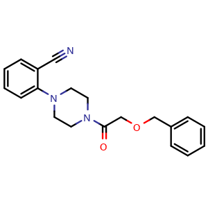 Chemical structure of 2-(4-(2-(benzyloxy)acetyl)piperazin-1-yl)benzonitrile , CAS 1242443-29-3, AChemBlock Q69238