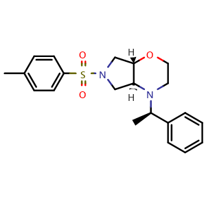 Chemical structure of (4aS,7aS)-4-((R)-1-phenylethyl)-6-tosyloctahydropyrrolo[3,4-b][1,4]oxazine , CAS 1159908-21-0, AChemBlock Q69251