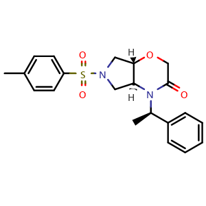 Chemical structure of (4aS,7aS)-4-((R)-1-phenylethyl)-6-tosylhexahydropyrrolo[3,4-b][1,4]oxazin-3(2H)-one , CAS 1159908-20-9, AChemBlock Q69252