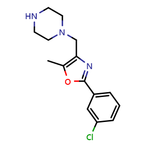 Chemical structure of 2-(3-Chlorophenyl)-5-methyl-4-(piperazin-1-ylmethyl)oxazole , CAS 1030135-90-0, AChemBlock Q69255