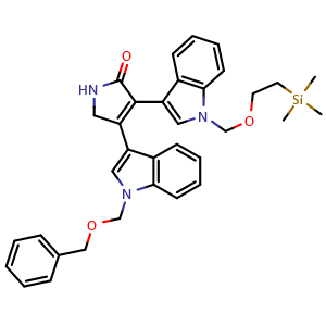 Chemical structure of 4-(1-((benzyloxy)methyl)-1H-indol-3-yl)-3-(1-((2-(trimethylsilyl)ethoxy)methyl)-1H-indol-3-yl)-1,5-dihydro-2H-pyrrol-2-one , CAS 223428-48-6, AChemBlock Q69267