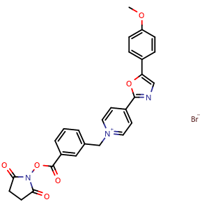 Chemical structure of 1-(3-(((2,5-dioxopyrrolidin-1-yl)oxy)carbonyl)benzyl)-4-(5-(4-methoxyphenyl)oxazol-2-yl)pyridin-1-ium bromide , CAS 155862-95-6, AChemBlock Q69294