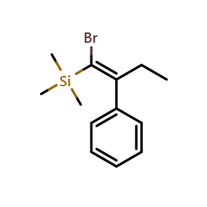 Chemical structure of (E)-(1-bromo-2-phenylbut-1-en-1-yl)trimethylsilane , CAS 96212-84-9, AChemBlock Q69314