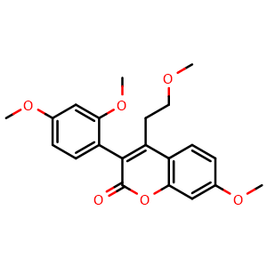 Chemical structure of 3-(2,4-dimethoxyphenyl)-7-methoxy-4-(2-methoxyethyl)-2H-chromen-2-one , CAS 909103-88-4, AChemBlock Q69315