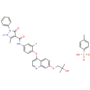 Chemical structure of N-(3-fluoro-4-((7-(2-hydroxy-2-methylpropoxy)quinolin-4-yl)oxy)phenyl)-1,5-dimethyl-3-oxo-2-phenyl-2,3-dihydro-1H-pyrazole-4-carboxamide 4-methylbenzenesulfonate , CAS 1394820-77-9, AChemBlock Q69323