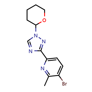 Chemical structure of 3-bromo-2-methyl-6-(1-(tetrahydro-2H-pyran-2-yl)-1H-1,2,4-triazol-3-yl)pyridine , CAS 1228014-21-8, AChemBlock Q69330