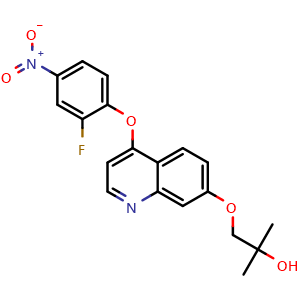 Chemical structure of 1-((4-(2-fluoro-4-nitrophenoxy)quinolin-7-yl)oxy)-2-methylpropan-2-ol , CAS 1394820-99-5, AChemBlock Q69336