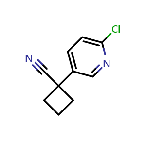Chemical structure of 1-(6-chloropyridin-3-yl)cyclobutane-1-carbonitrile , CAS 485828-75-9, AChemBlock Q69355