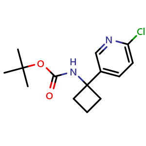 Chemical structure of tert-butyl (1-(6-chloropyridin-3-yl)cyclobutyl)carbamate , CAS 1887059-70-2, AChemBlock Q69365