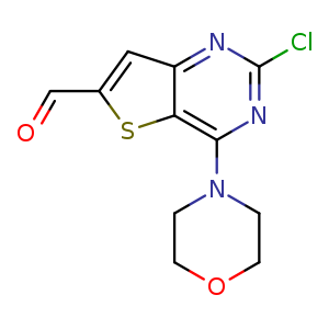 Chemical structure of 2-chloro-4-morpholinothieno[3,2-d]pyrimidine-6-carbaldehyde , CAS 885618-31-5, AChemBlock Q69385