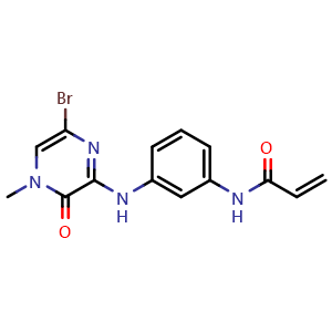 Chemical structure of N-(3-((6-Bromo-4-methyl-3-oxo-3,4-dihydropyrazin-2-yl)amino)phenyl)acrylamide , CAS 1692909-44-6, AChemBlock Q69396
