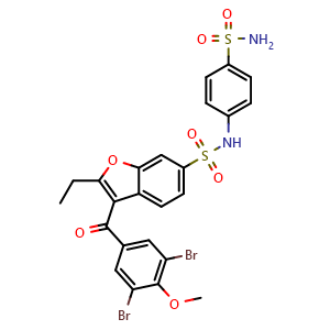 Chemical structure of 3-(3,5-dibromo-4-methoxybenzoyl)-2-ethyl-N-(4-sulfamoylphenyl)benzofuran-6-sulfonamide , CAS 1951451-62-9, AChemBlock Q69399