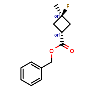 Chemical structure of rel-benzyl (1r,3r)-3-fluoro-3-methylcyclobutane-1-carboxylate , CAS 1455037-41-8, AChemBlock Q69408