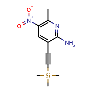 Chemical structure of 6-methyl-5-nitro-3-((trimethylsilyl)ethynyl)pyridin-2-amine , CAS 1951451-72-1, AChemBlock Q69421