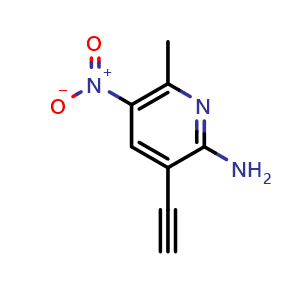 Chemical structure of 3-ethynyl-6-methyl-5-nitropyridin-2-amine , CAS 1934865-67-4, AChemBlock Q69422