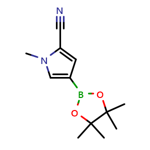 Chemical structure of 1-methyl-4-(4,4,5,5-tetramethyl-1,3,2-dioxaborolan-2-yl)-1H-pyrrole-2-carbonitrile , CAS 1799628-14-0, AChemBlock Q69424