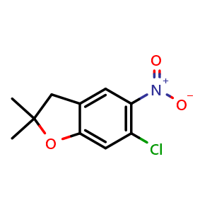 Chemical structure of 6-chloro-2,2-dimethyl-5-nitro-2,3-dihydrobenzofuran , CAS 1334614-55-9, AChemBlock Q69437