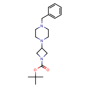 Chemical structure of tert-butyl 3-(4-benzylpiperazin-1-yl)azetidine-1-carboxylate , CAS 864248-52-2, AChemBlock Q69444