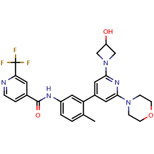 Chemical structure of N-(3-(2-(3-hydroxyazetidin-1-yl)-6-morpholinopyridin-4-yl)-4-methylphenyl)-2-(trifluoromethyl)isonicotinamide , CAS 1800397-42-5, AChemBlock Q69449