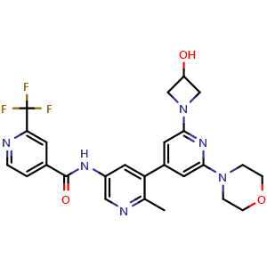 Chemical structure of N-(2'-(3-hydroxyazetidin-1-yl)-2-methyl-6'-morpholino-[3,4'-bipyridin]-5-yl)-2-(trifluoromethyl)isonicotinamide , CAS 1800397-70-9, AChemBlock Q69450