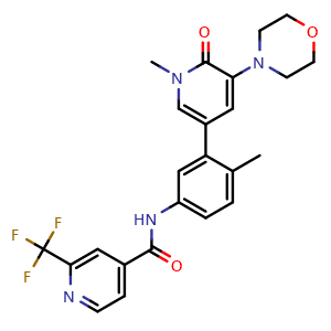 Chemical structure of N-(4-methyl-3-(1-methyl-5-morpholino-6-oxo-1,6-dihydropyridin-3-yl)phenyl)-2-(trifluoromethyl)isonicotinamide , CAS 1628838-99-2, AChemBlock Q69451