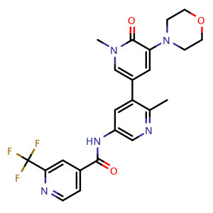 Chemical structure of N-(1',2-dimethyl-5'-morpholino-6'-oxo-1',6'-dihydro-[3,3'-bipyridin]-5-yl)-2-(trifluoromethyl)isonicotinamide , CAS 1800390-45-7, AChemBlock Q69452