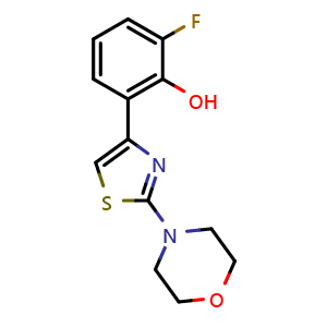 Chemical structure of 2-fluoro-6-(2-morpholinothiazol-4-yl)phenol , CAS 1621375-36-7, AChemBlock Q69461