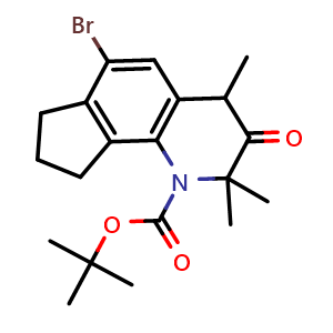 Chemical structure of tert-butyl 6-bromo-2,2,4-trimethyl-3-oxo-2,3,4,7,8,9-hexahydro-1H-cyclopenta[h]quinoline-1-carboxylate , CAS 1040275-39-5, AChemBlock Q69536