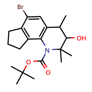 Chemical structure of tert-butyl 6-bromo-3-hydroxy-2,2,4-trimethyl-2,3,4,7,8,9-hexahydro-1H-cyclopenta[h]quinoline-1-carboxylate , CAS 1040275-33-9, AChemBlock Q69537