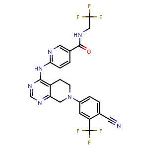 Chemical structure of 6-((7-(4-cyano-3-(trifluoromethyl)phenyl)-5,6,7,8-tetrahydropyrido[3,4-d]pyrimidin-4-yl)amino)-N-(2,2,2-trifluoroethyl)nicotinamide , CAS 1831085-50-7, AChemBlock Q69538