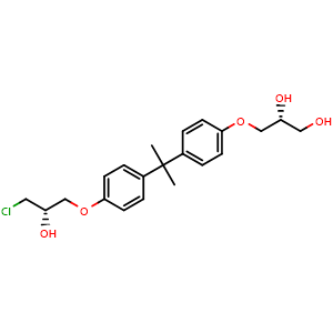 Chemical structure of (R)-3-(4-(2-(4-((S)-3-chloro-2-hydroxypropoxy)phenyl)propan-2-yl)phenoxy)propane-1,2-diol , CAS 1203490-23-6, AChemBlock Q69539