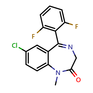 Chemical structure of 7-chloro-5-(2,6-difluorophenyl)-1-methyl-1,3-dihydro-2H-benzo[e][1,4]diazepin-2-one , CAS 39080-67-6, AChemBlock Q69554