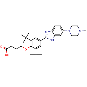 Chemical structure of 4-(2,6-di-tert-butyl-4-(6-(4-methylpiperazin-1-yl)-1H-benzo[d]imidazol-2-yl)phenoxy)butanoic acid , CAS 1311982-93-0, AChemBlock Q69575