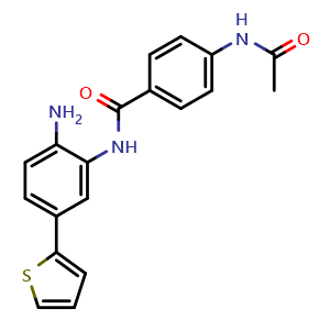 Chemical structure of 4-acetamido-N-(2-amino-5-(thiophen-2-yl)phenyl)benzamide , CAS 849234-64-6, AChemBlock Q69577