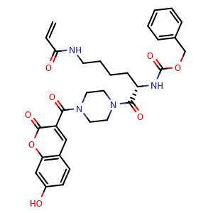 Chemical structure of benzyl (S)-(6-acrylamido-1-(4-(7-hydroxy-2-oxo-2H-chromene-3-carbonyl)piperazin-1-yl)-1-oxohexan-2-yl)carbamate , CAS 2088001-24-3, AChemBlock Q69580