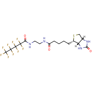 Chemical structure of 2,2,3,3,4,4,5,5,5-nonafluoro-N-(2-(5-((3aS,4S,6aR)-2-oxohexahydro-1H-thieno[3,4-d]imidazol-4-yl)pentanamido)ethyl)pentanamide , CAS 2119569-22-9, AChemBlock Q69593