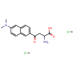 Chemical structure of 2-amino-4-(6-(dimethylamino)naphthalen-2-yl)-4-oxobutanoic acid dihydrochloride , CAS 2119574-63-7, AChemBlock Q69595