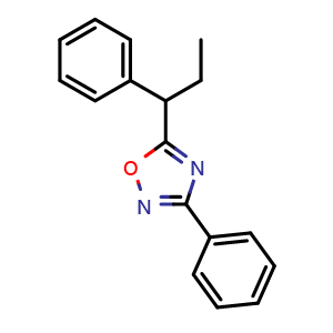 Chemical structure of 3-phenyl-5-(1-phenylpropyl)-1,2,4-oxadiazole , CAS 708998-07-6, AChemBlock Q69604