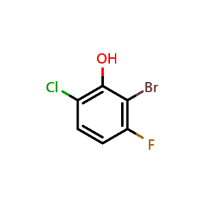 Chemical structure of 2-bromo-6-chloro-3-fluorophenol , CAS 1782417-49-5, AChemBlock Q69626