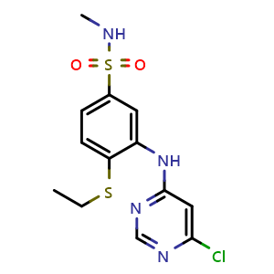 Chemical structure of 3-((6-chloropyrimidin-4-yl)amino)-4-(ethylthio)-N-methylbenzenesulfonamide , CAS 1316066-33-7, AChemBlock Q69628