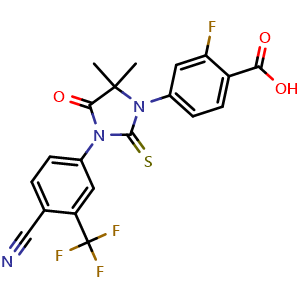 Chemical structure of 4-(3-(4-cyano-3-(trifluoromethyl)phenyl)-5,5-dimethyl-4-oxo-2-thioxoimidazolidin-1-yl)-2-fluorobenzoic acid , CAS 1242137-15-0, AChemBlock Q69660