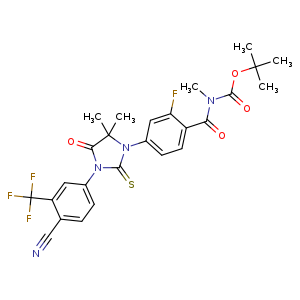 Chemical structure of tert-butyl (4-(3-(4-cyano-3-(trifluoromethyl)phenyl)-5,5-dimethyl-4-oxo-2-thioxoimidazolidin-1-yl)-2-fluorobenzoyl)(methyl)carbamate , CAS 2119574-94-4, AChemBlock Q69670
