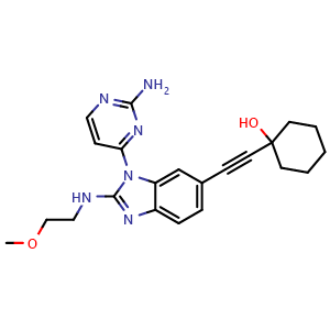 Chemical structure of 1-((1-(2-aminopyrimidin-4-yl)-2-((2-methoxyethyl)amino)-1H-benzo[d]imidazol-6-yl)ethynyl)cyclohexan-1-ol , CAS 1394121-05-1, AChemBlock Q69676
