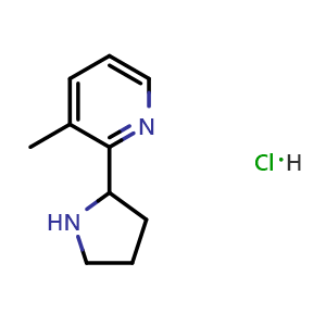 Chemical structure of 3-methyl-2-(pyrrolidin-2-yl)pyridine hydrochloride , CAS 1956385-15-1, AChemBlock Q69698