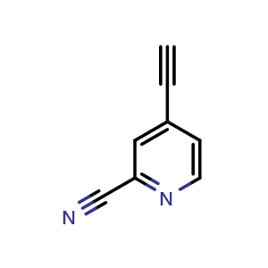 Chemical structure of 4-ethynylpicolinonitrile , CAS 1211525-87-9, AChemBlock Q69768