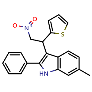 Chemical structure of 6-methyl-3-(2-nitro-1-(thiophen-2-yl)ethyl)-2-phenyl-1H-indole , CAS 1998197-39-9, AChemBlock Q69780