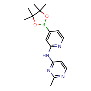 Chemical structure of 2-methyl-N-(4-(4,4,5,5-tetramethyl-1,3,2-dioxaborolan-2-yl)pyridin-2-yl)pyrimidin-4-amine , CAS 1801684-86-5, AChemBlock Q69794