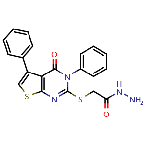 Chemical structure of 2-((4-oxo-3,5-diphenyl-3,4-dihydrothieno[2,3-d]pyrimidin-2-yl)thio)acetohydrazide , CAS 312946-37-5, AChemBlock Q69801