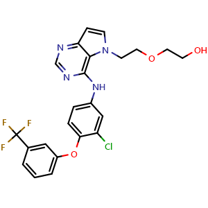 Chemical structure of 2-(2-(4-((3-chloro-4-(3-(trifluoromethyl)phenoxy)phenyl)amino)-5H-pyrrolo[3,2-d]pyrimidin-5-yl)ethoxy)ethan-1-ol , CAS 871026-18-5, AChemBlock Q69864